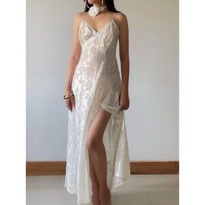 Victoria’s Secret Y2K Satin Floral Slip Dress Maxi Bias Cut High Slit Ivory M